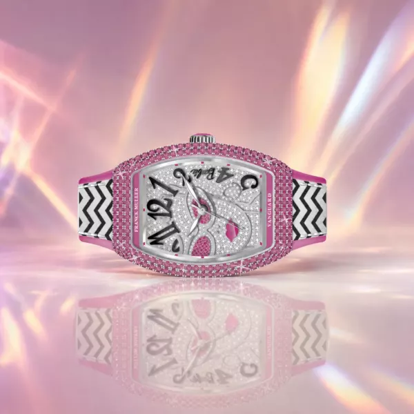Franck Muller Barbie Vintage Sapphire-Diamond Watch, side profile, official Franck Muller × Barbie edition sold by WATCHESPEDIA