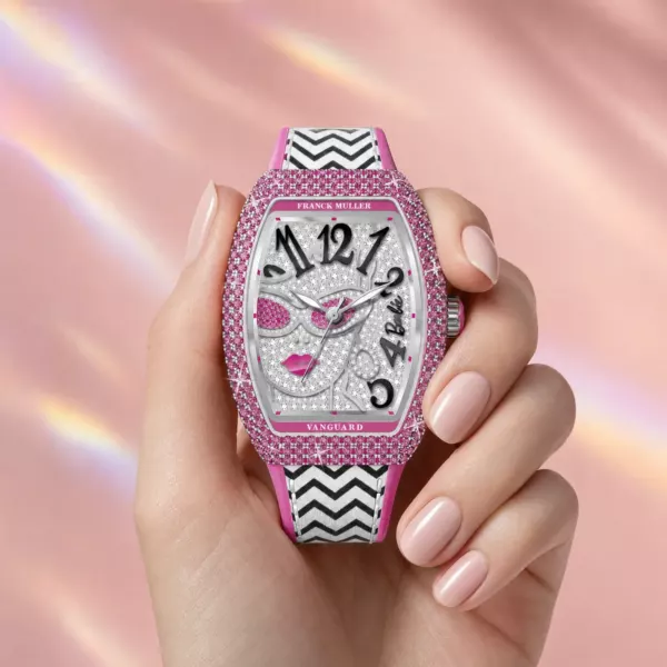 Franck Muller Barbie Vintage Sapphire-Diamond Watch, on the wrist, official Franck Muller × Barbie edition sold by WATCHESPEDIA