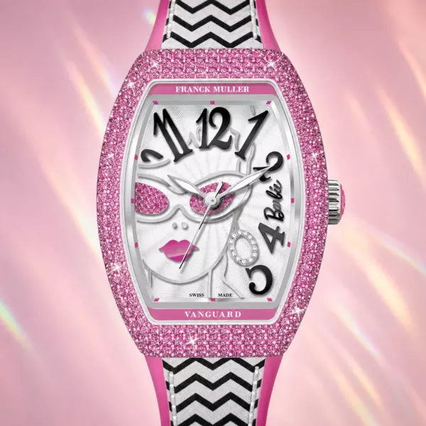 Franck Muller Barbie Vintage Sapphire Watch, dial close-up, official Franck Muller × Barbie edition sold by WATCHESPEDIA