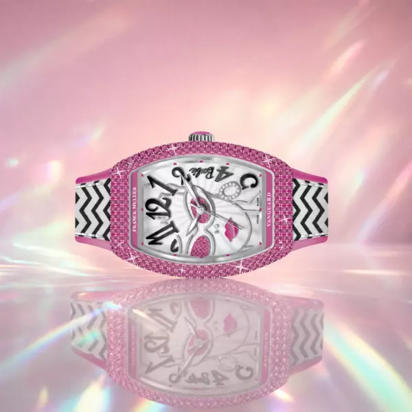 Franck Muller Barbie Vintage Sapphire Watch, side profile, official Franck Muller × Barbie edition sold by WATCHESPEDIA