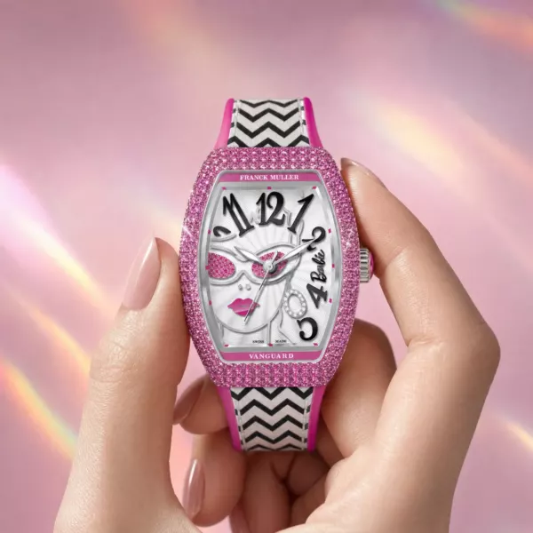Franck Muller Barbie Vintage Sapphire Watch, on the wrist, official Franck Muller × Barbie edition sold by WATCHESPEDIA