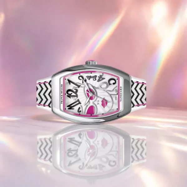 Franck Muller Barbie Vintage Steel Watch, side profile, official Franck Muller × Barbie edition sold by WATCHESPEDIA