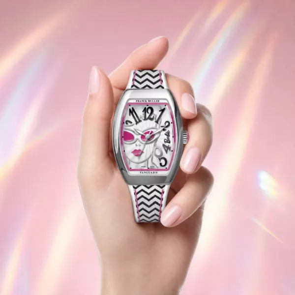 Franck Muller Barbie Vintage Steel Watch, on the wrist, official Franck Muller × Barbie edition sold by WATCHESPEDIA