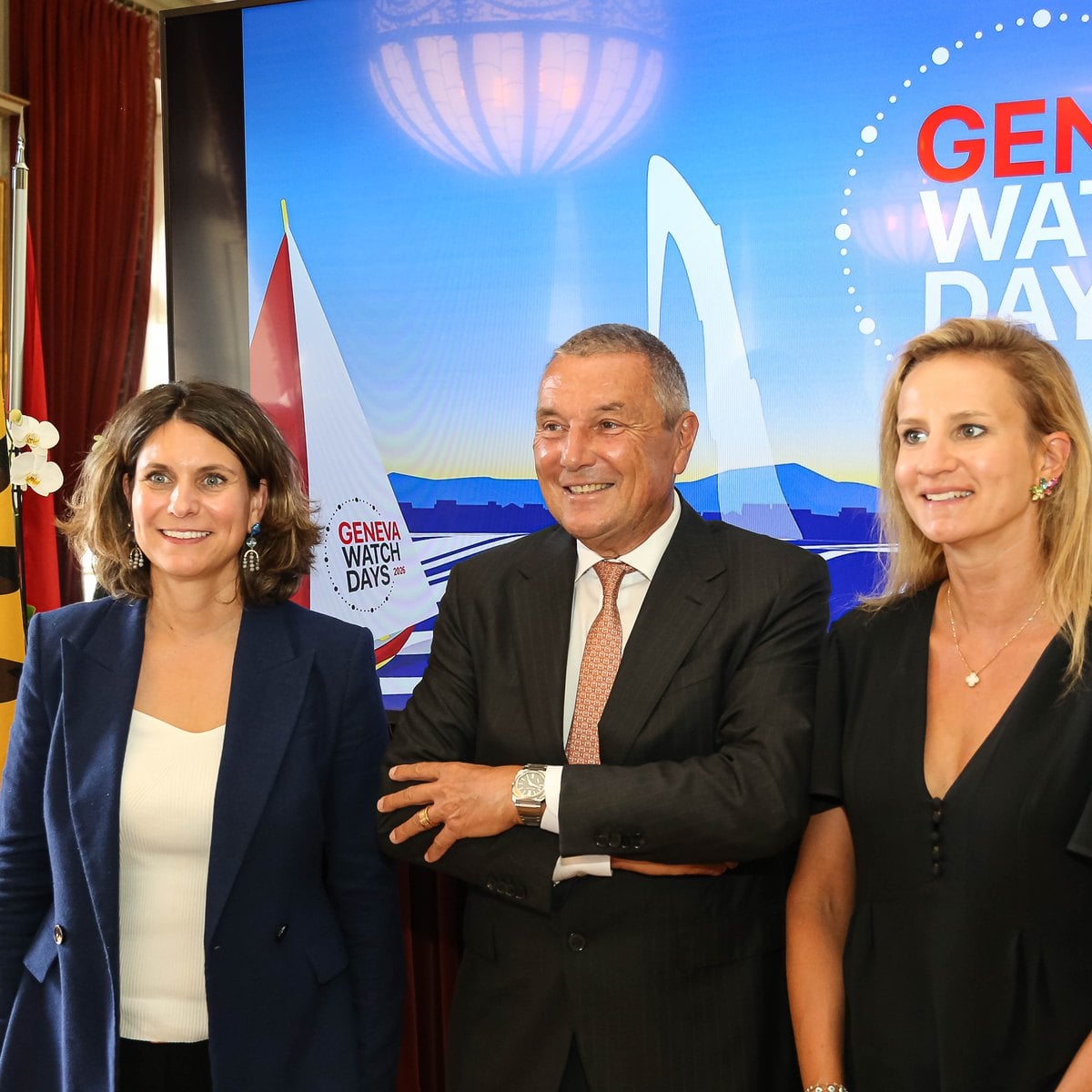 Jean-Christophe Babin between Christina Kitsos, Mayor of the City of Geneva, on the left and Delphine Bachmann, State Councillor of the Canton of Geneva, on the right, at Palais Eynard, Geneva Watch Days 2026