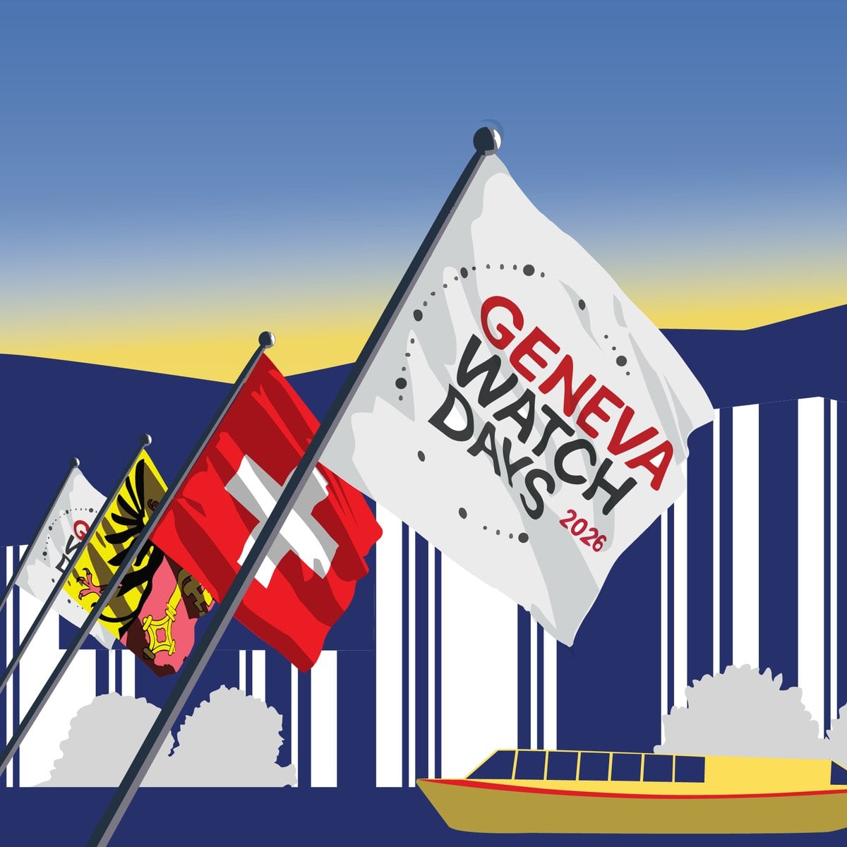 Geneva Watch Days 2026 official illustration with the event flag, the Geneva and Swiss flags and a lake boat