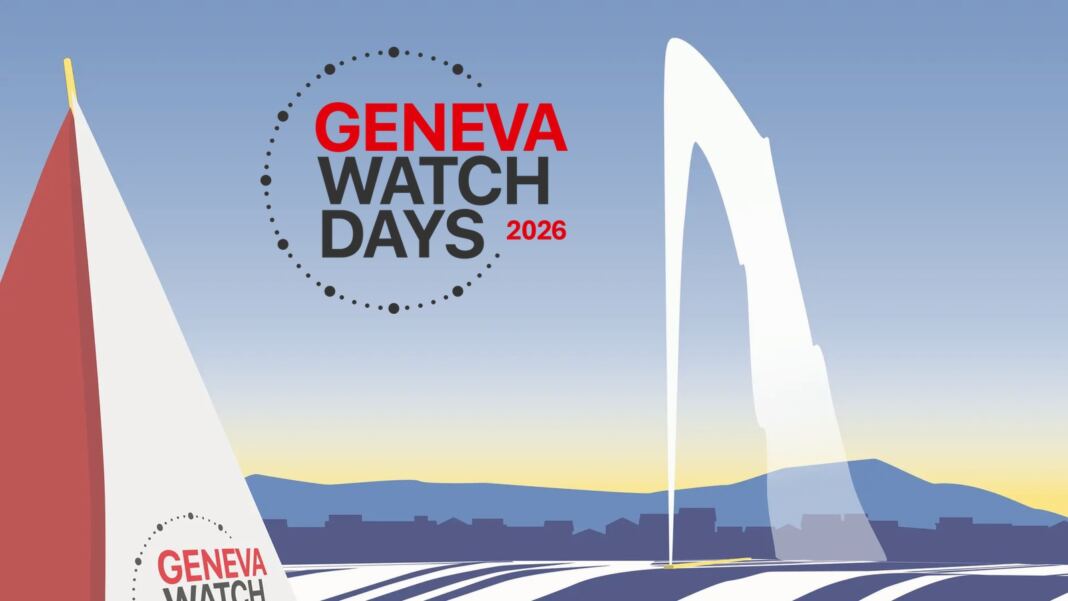 Geneva Watch Days 2026 Geneva Watch Days 2026 logo set against Lake Geneva, between the sailing boat and the Jet d'Eau