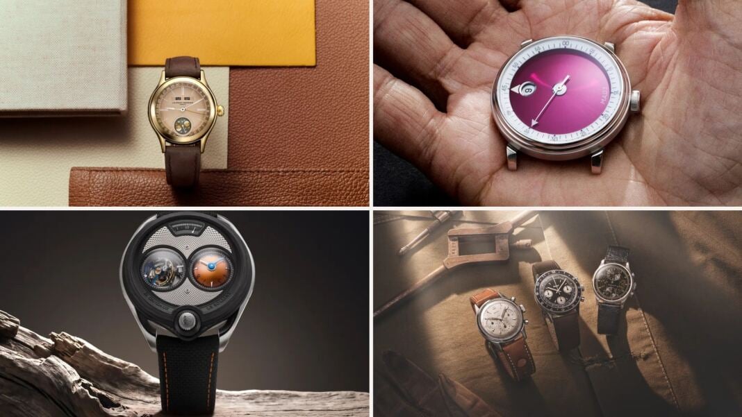 Four pieces from the WATCHESPEDIA selection of Geneva Watch Days 2026: Laurent Ferrier Classic Moon Dusk, MB&F M.A.D.3, David Candaux DC6 Wildfire and the Gallet Classics