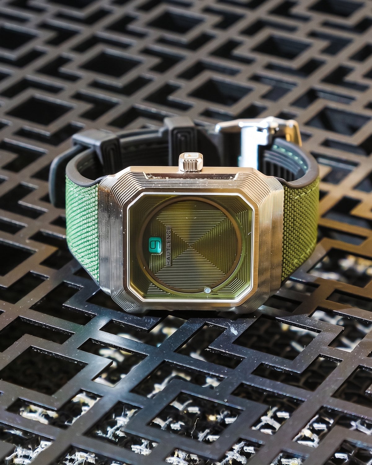 Hautlence Kubera on a perforated metal surface at Geneva Watch Days 2026