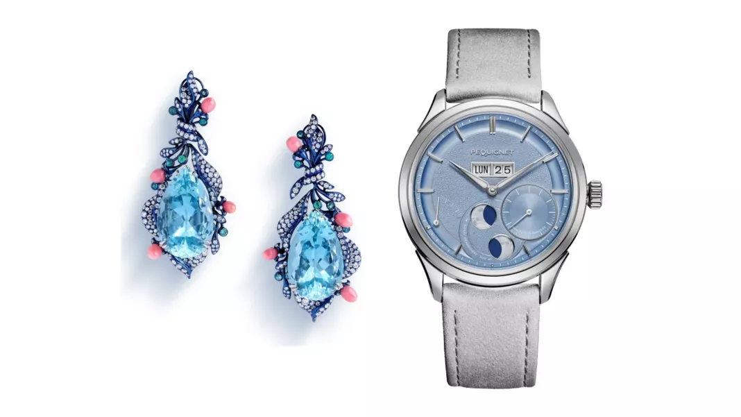 Aquamarine earrings by Karen Suen and Pequignet Icy Blue watch, creations featured in the Aquamarine earrings by Karen Suen and Pequignet Icy Blue watch, creations featured in the Jewels of the World 2026 press materials