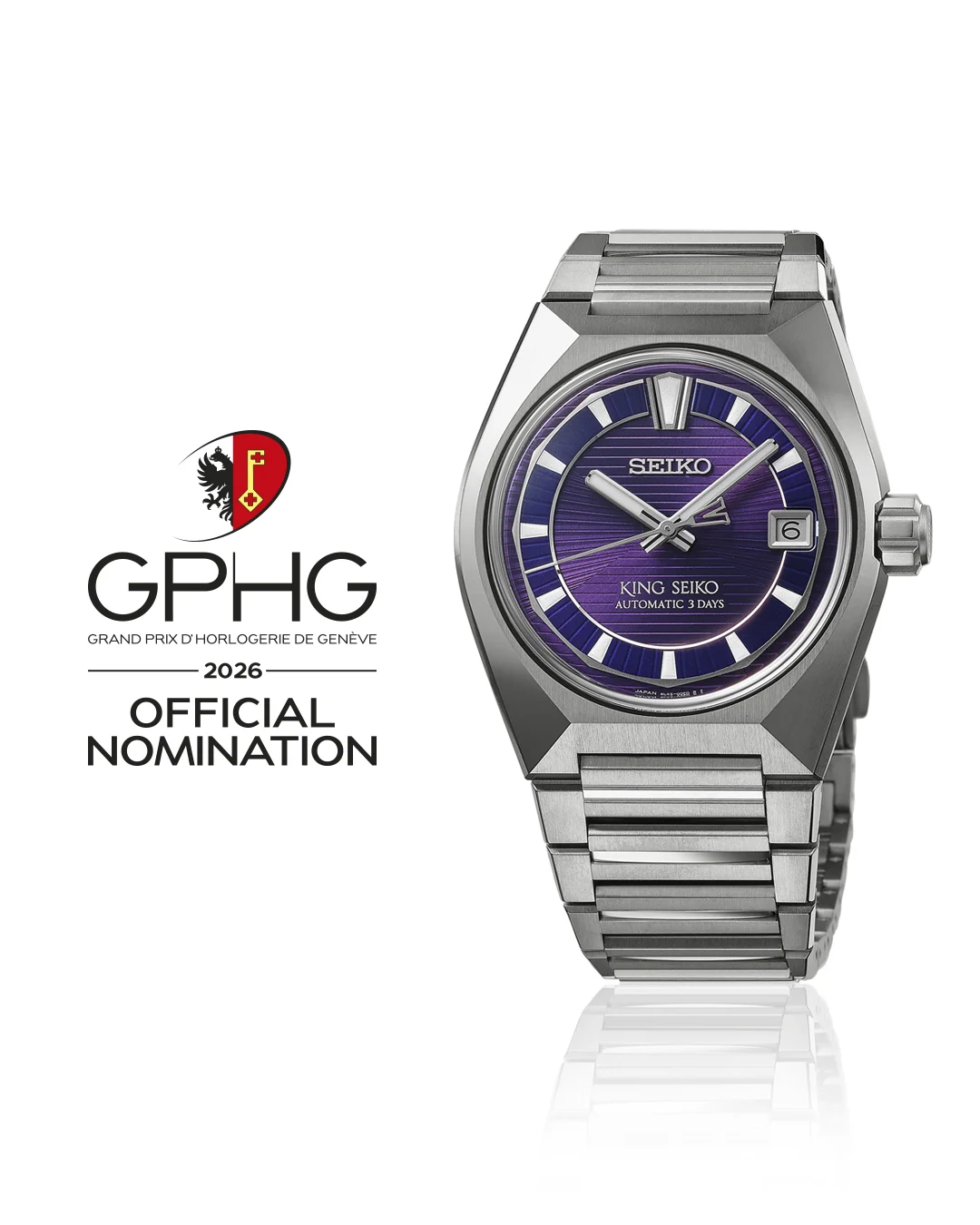 King Seiko Automatic 3 Days with purple dial and steel bracelet beside the GPHG 2026 official nomination emblem