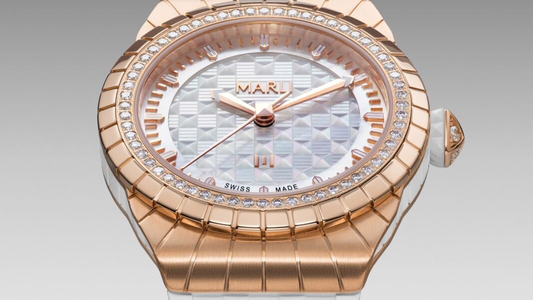 MARLI Timepieces watch in rose gold with diamond-set bezel and mother-of-pearl d MARLI Timepieces watch in rose gold with diamond-set bezel and mother-of-pearl dial, official image