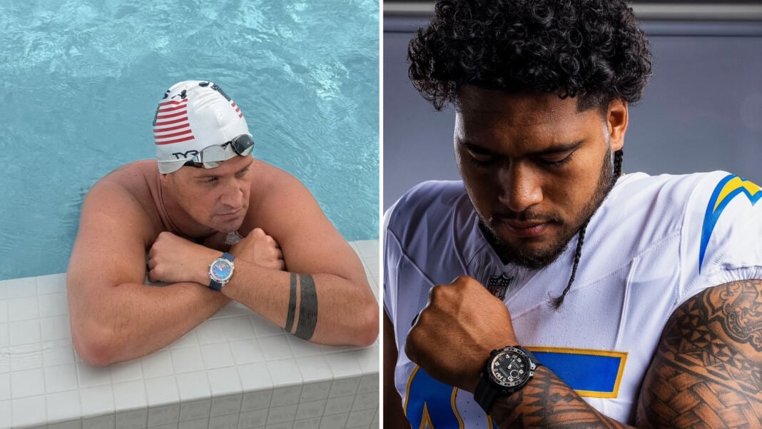 MAURON MUSY Friends of the Brand - Ryan Lochte and Tuli Tuipulotu Ryan Lochte wearing the MAURON MUSY MU05-103 Blueprint in a swimming pool, and Tuli Tuipulotu wearing the GMT Sport MU04-203 in his Los Angeles Chargers jersey