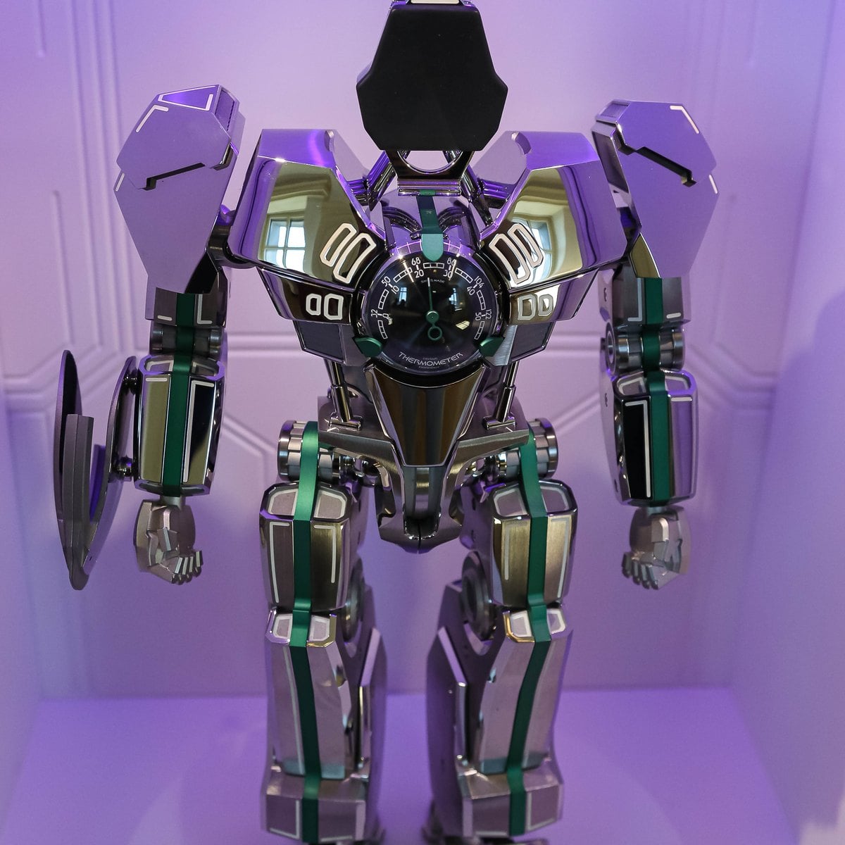 MB&F Horological Machine robot figure in a purple display box at Geneva Watch Days 2026