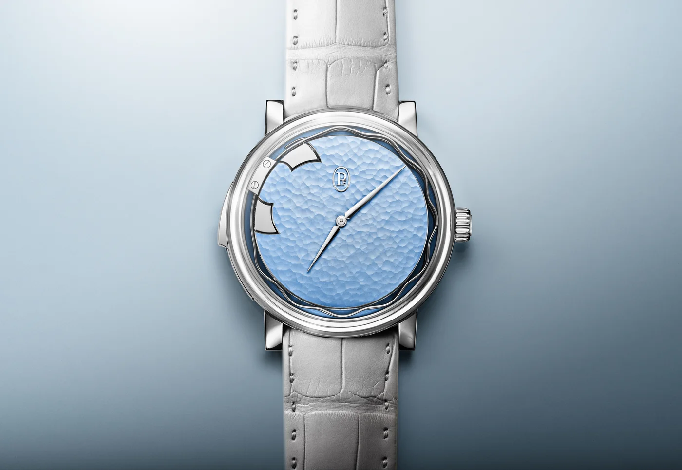 Parmigiani Fleurier Carillon Tourbillon in white gold with hand-hammered Morning Blue dial