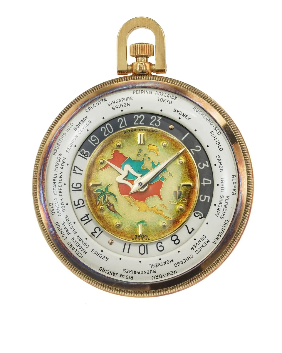Patek Philippe World Time Ref. 605HU pocket watch in yellow gold with North America cloisonné enamel dial, 1950