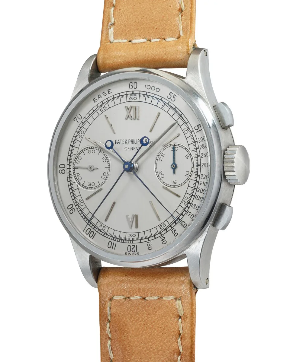 Patek Philippe Ref. 1436 split-seconds chronograph in stainless steel with silvered dial and tachymeter scale, 1945