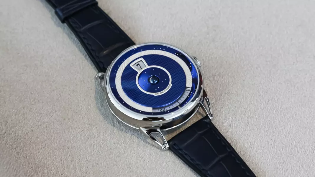 An independent maison's blue-dial timepiece on light grey felt at Geneva Watch Days 2026 An independent maison's blue-dial timepiece on light grey felt at Geneva Watch Days 2026