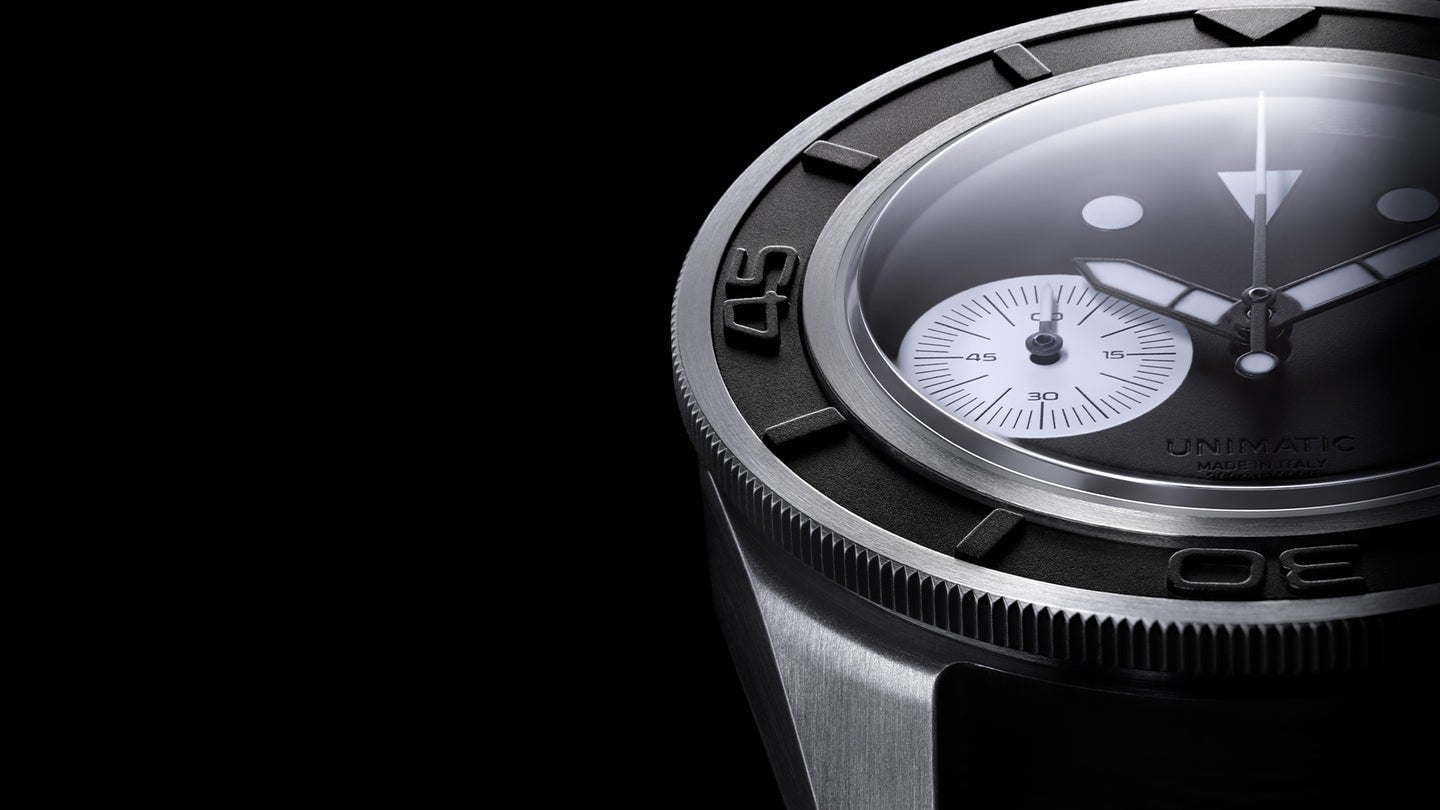 Unimatic Impronte Modello Tre U3-AEB chronograph macro detail, official image