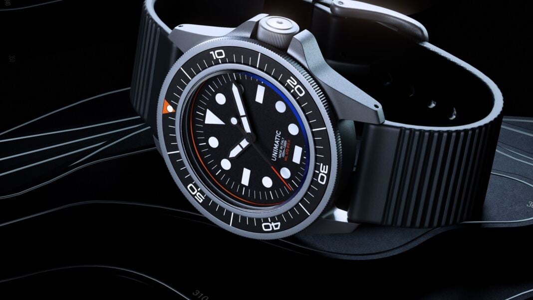 Unimatic Prodiver UT1-PD hero 1600x900 Unimatic Prodiver UT1-PD dive Toolwatch, 300 metres, matte black dial with orange accents
