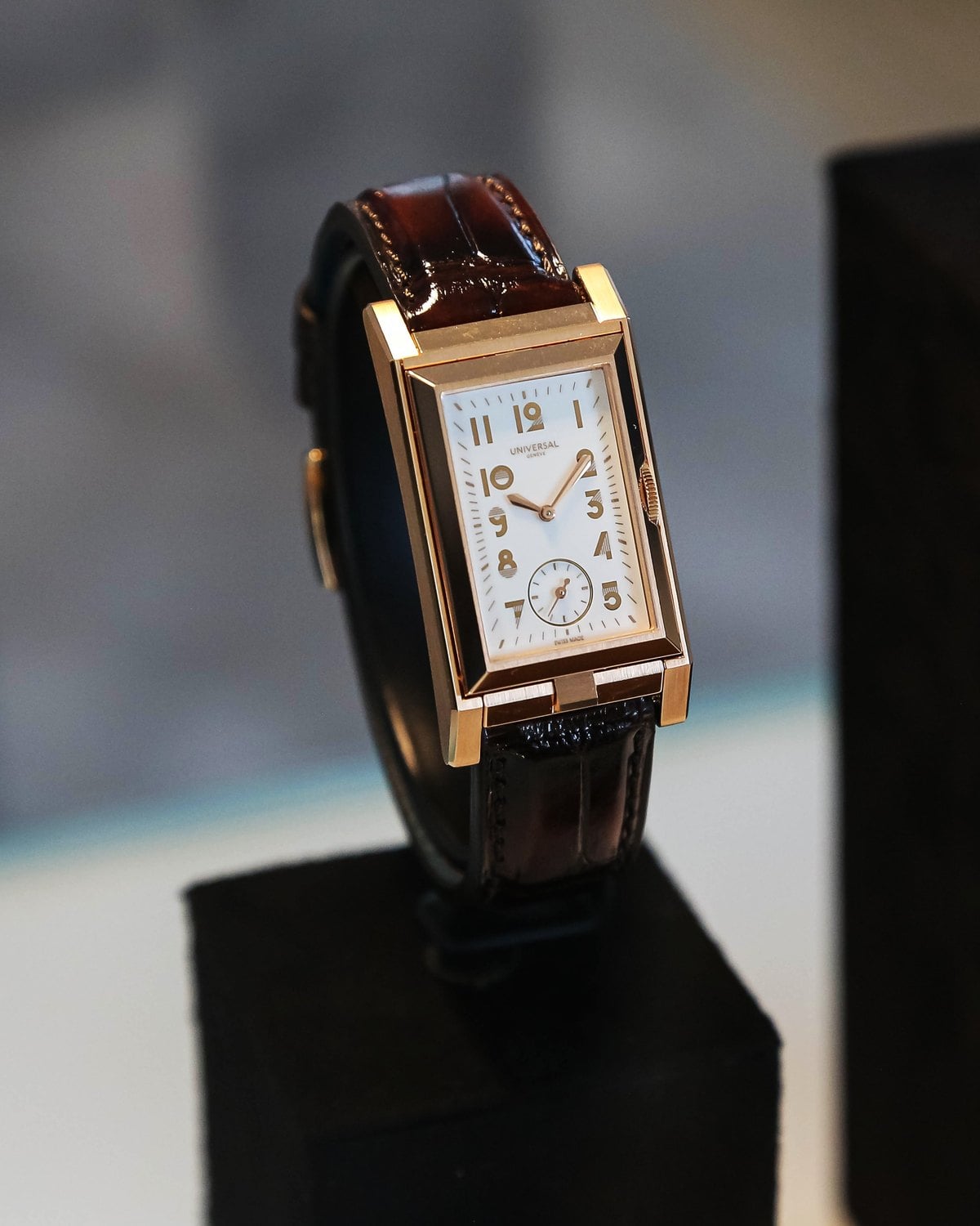 Universal Geneve Cabriolet reversible watch in rose gold on a brown alligator strap at Geneva Watch Days 2026