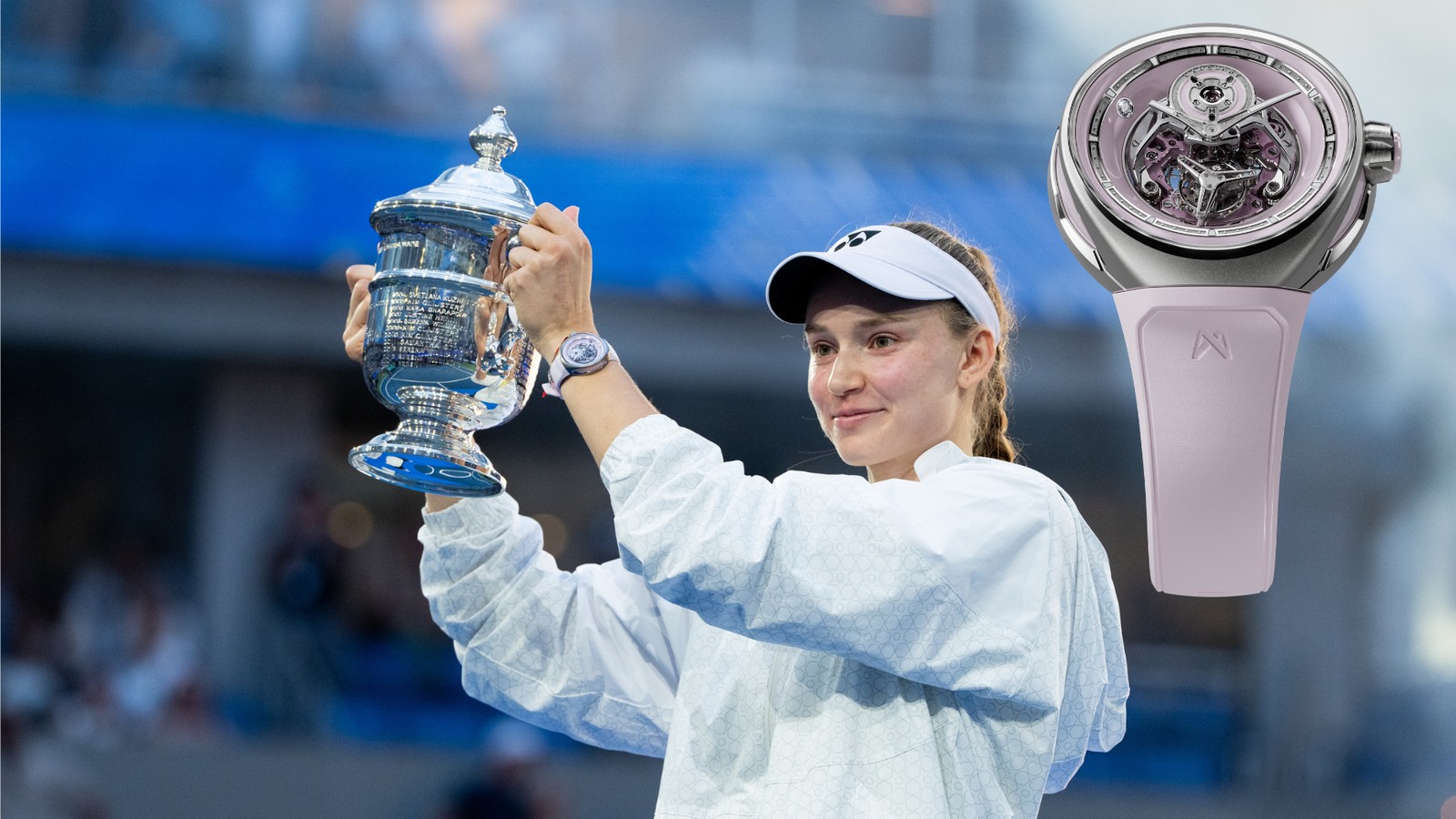 Elena Rybakina lifts the 2026 US Open trophy wearing the Vanguart Orb in titanium and pink ceramic, official image