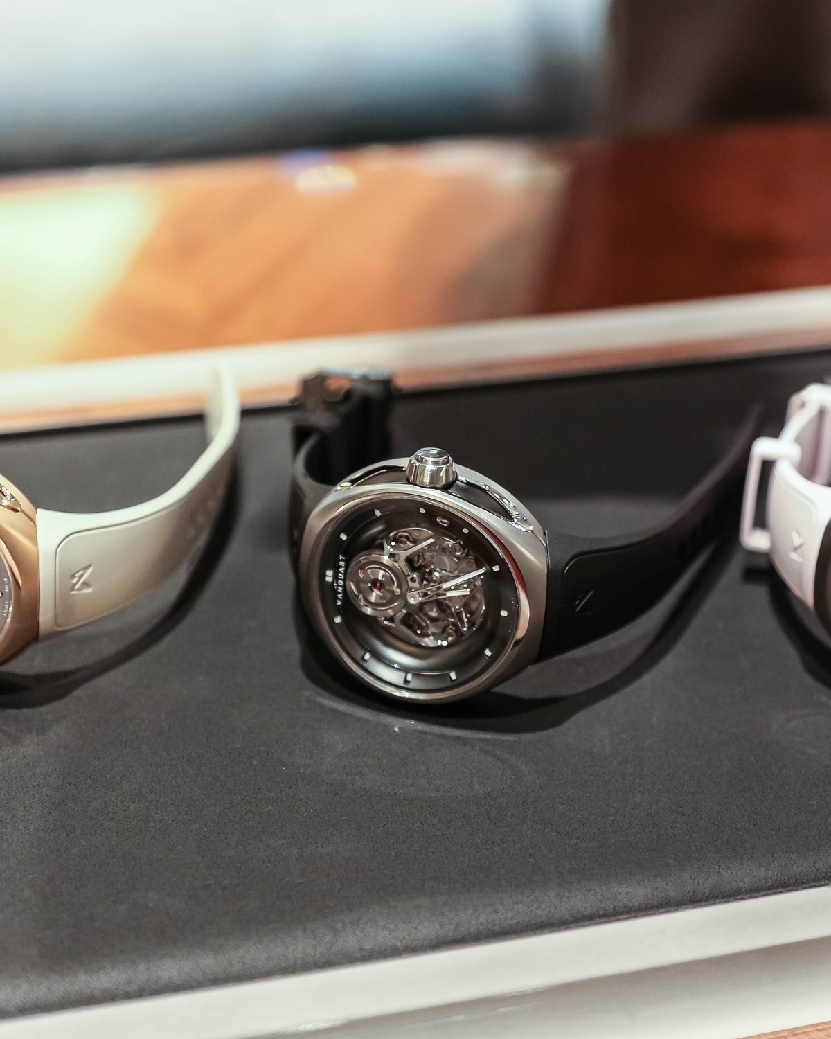 Three Vanguart watches presented on a tray at Geneva Watch Days 2026