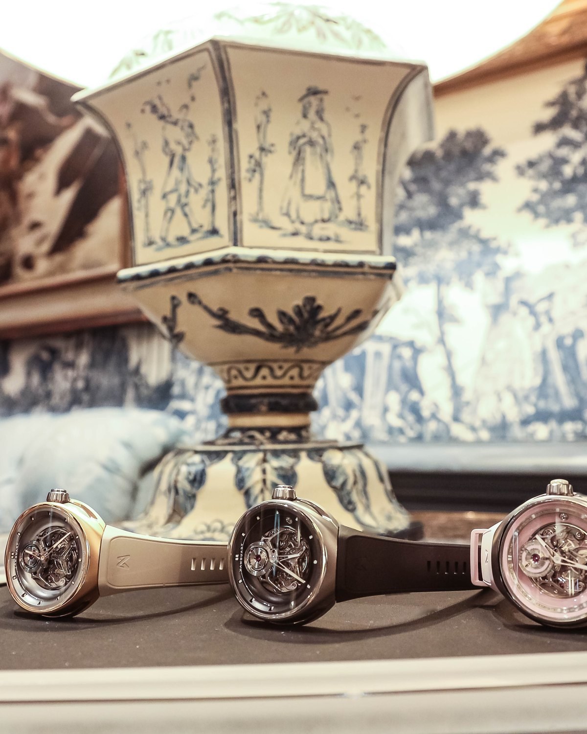 Vanguart watches beside an antique urn at the Four Seasons Hotel des Bergues