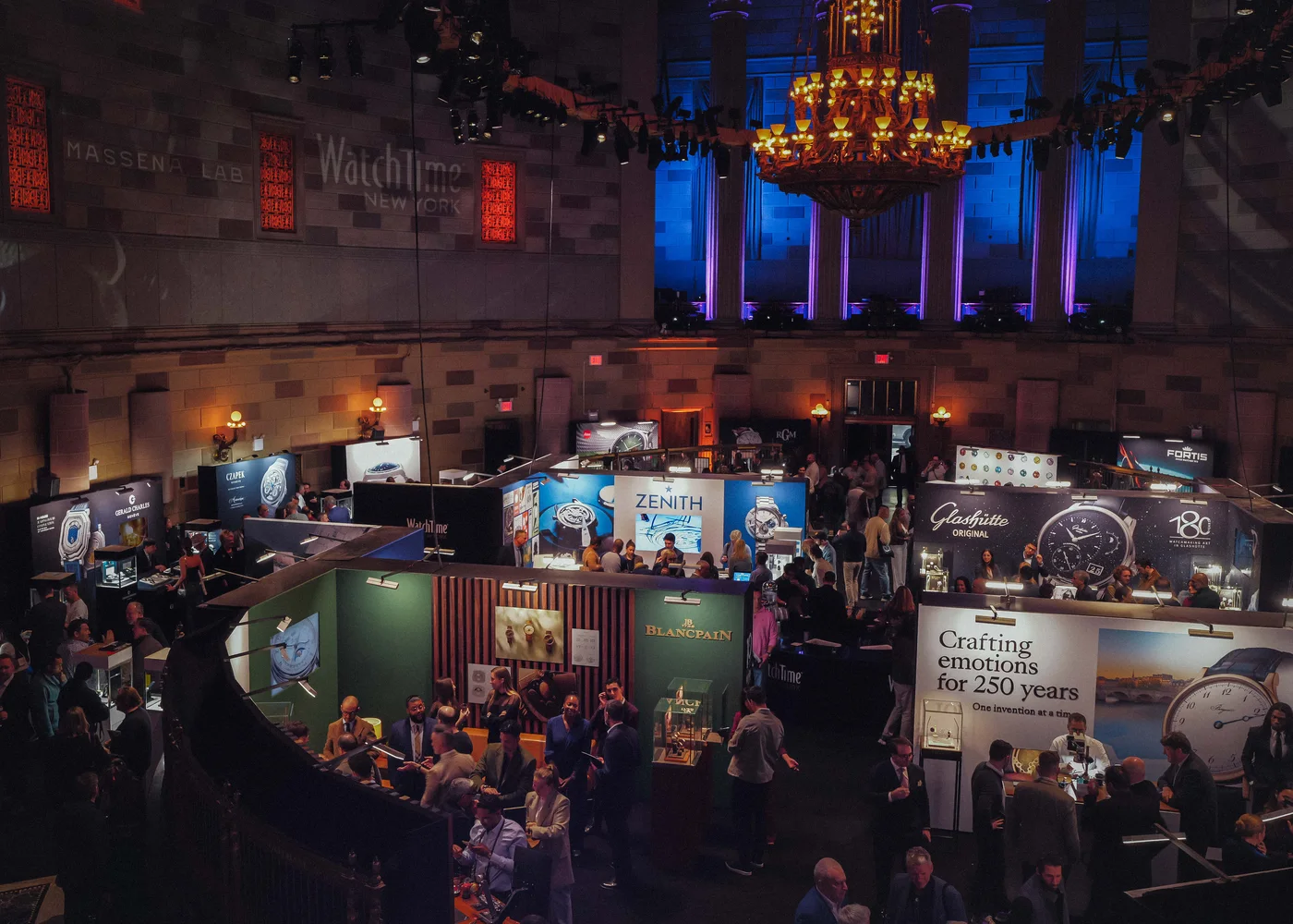 Exhibition floor of WatchTime New York 2025 at Gotham Hall with brand booths