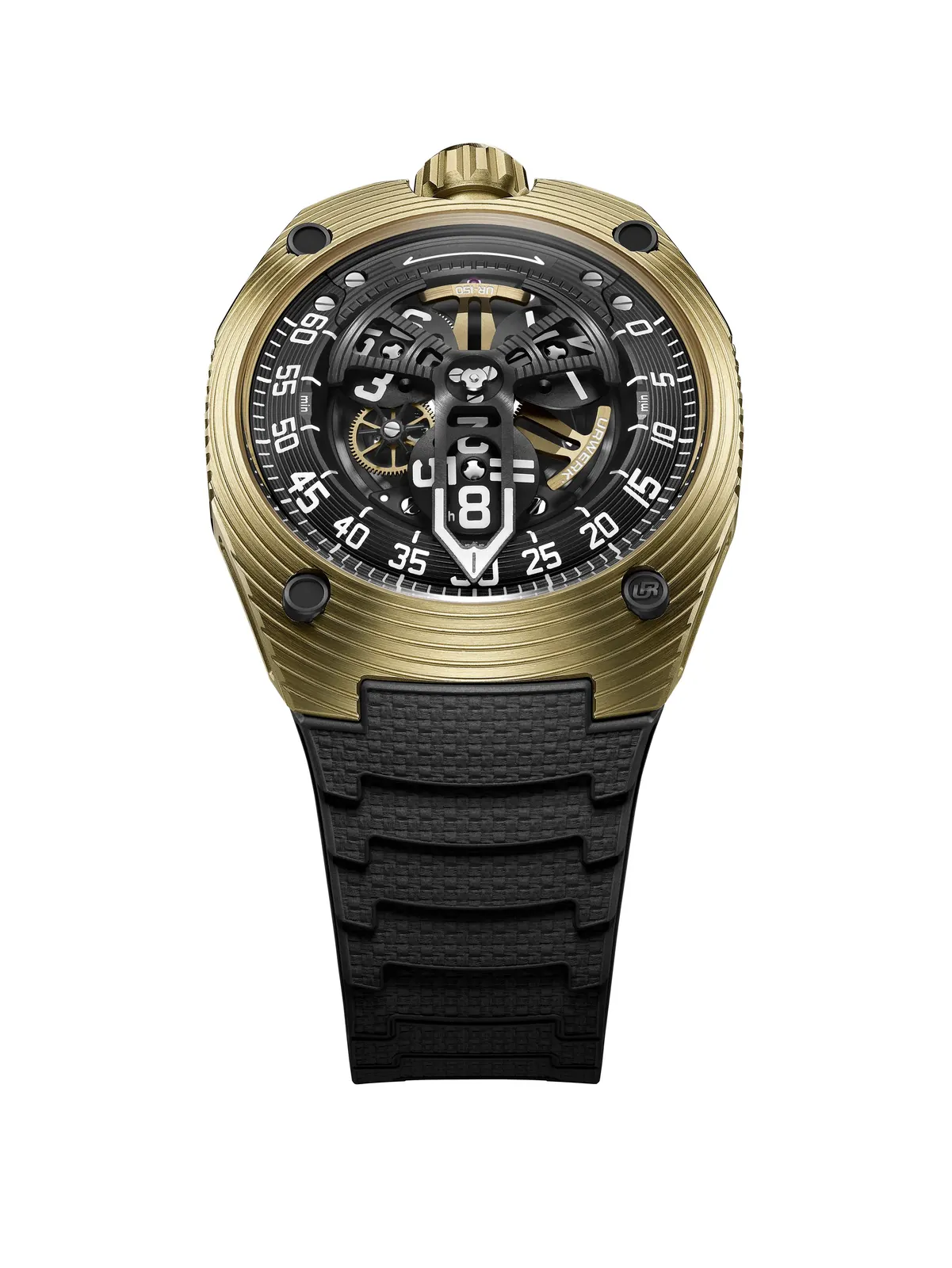 URWERK UR-150 Golden Scorpion yellow gold case front view showing satellite hour display