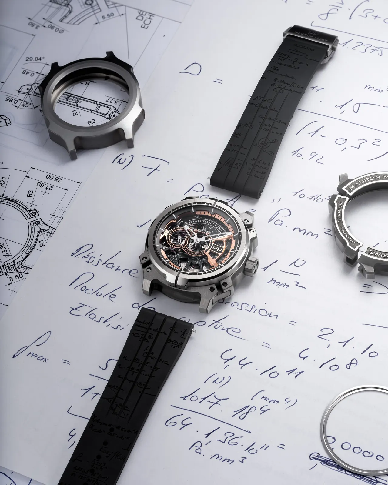 Mauron Musy MU05-111 nO-Ring Origin dial with handwritten calculations on sandblasted black plate