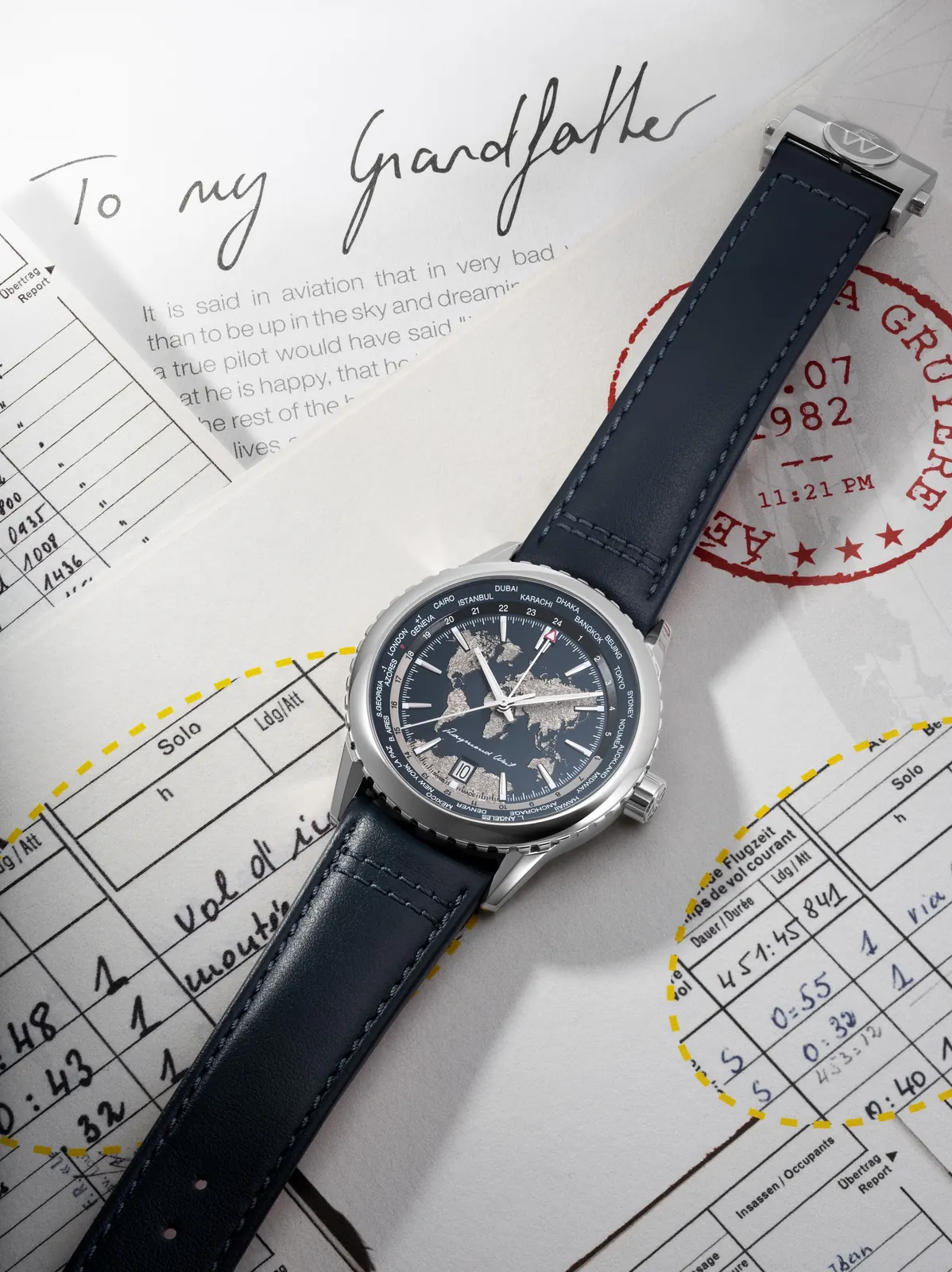 Raymond Weil Freelancer World-Traveller dial featuring relief world map and 24-city bezel ring