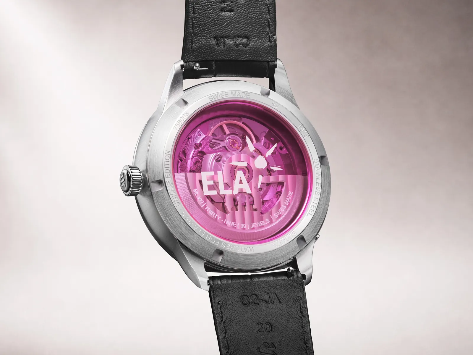 Maurice Lacroix 1975 Master Grand Date Retrograde ELA unique timepiece front view with pink accents on sapphire dial
