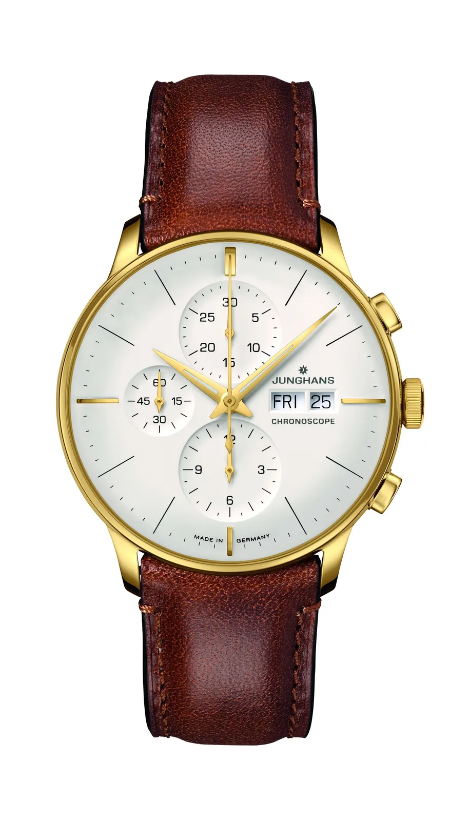 Junghans Meister Chronoscope gold PVD stainless steel case 40.7mm front view