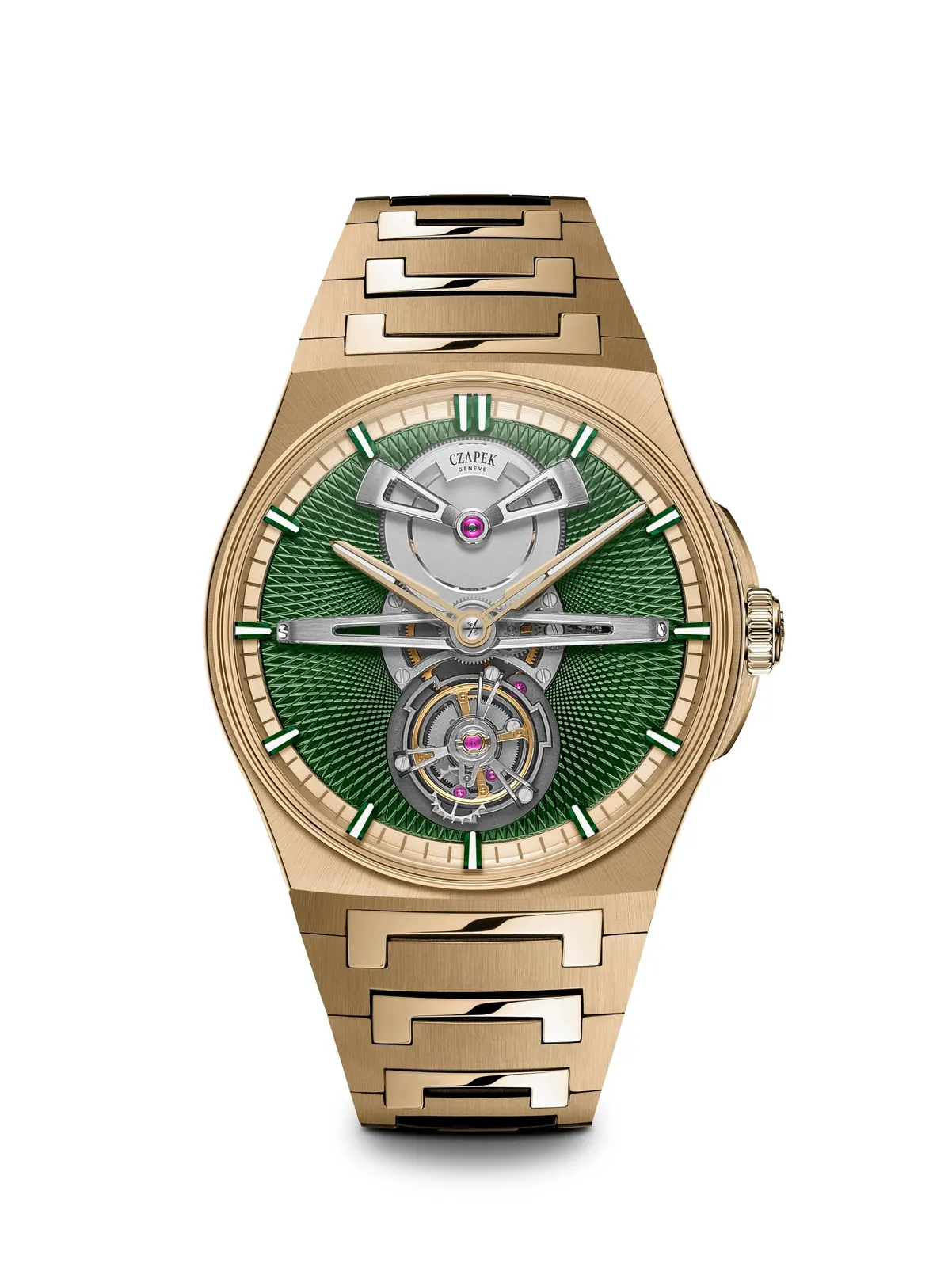 Czapek Antarctique Tourbillon Victory Green dial showing hand-guilloché Singularité pattern in forest green with flying tourbillon