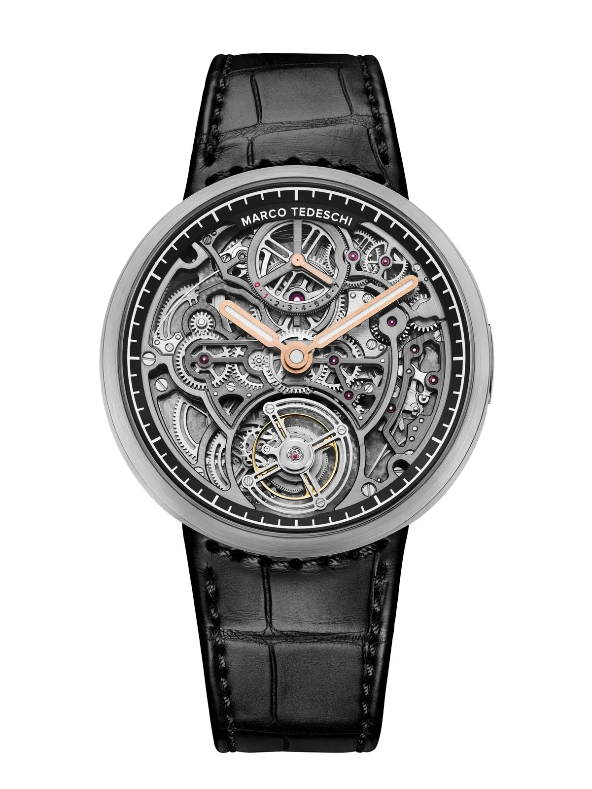 Marco Tedeschi Central Tourbillon movement architecture, hand-wound calibre with peripheral time display