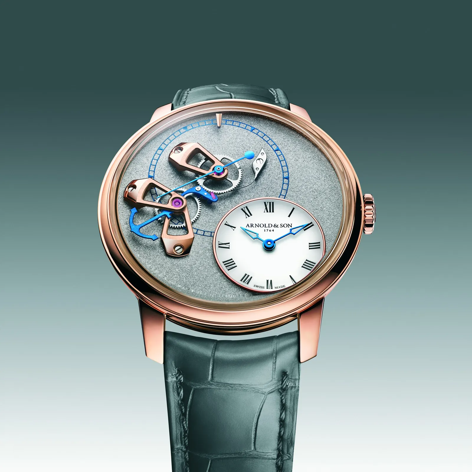 Arnold & Son DSTB Stop-Seconds red gold Cliff Grey dial close-up