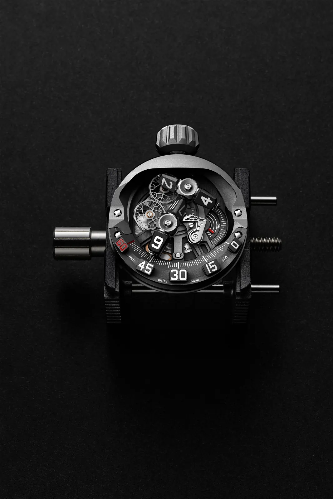URWERK UR-300 Time Quantum titanium case front view showing T-frame hour modules