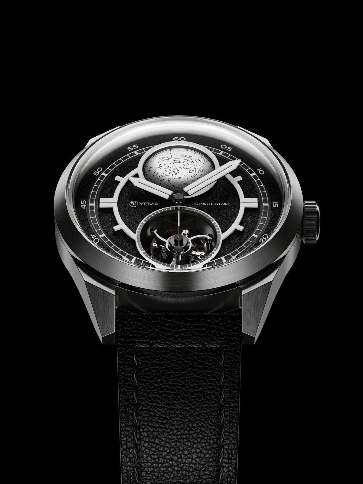 YEMA Spacegraf Heure Sid&eacute;rale Tourbillon front view showing celestial disc at 12 o'clock and <a href=