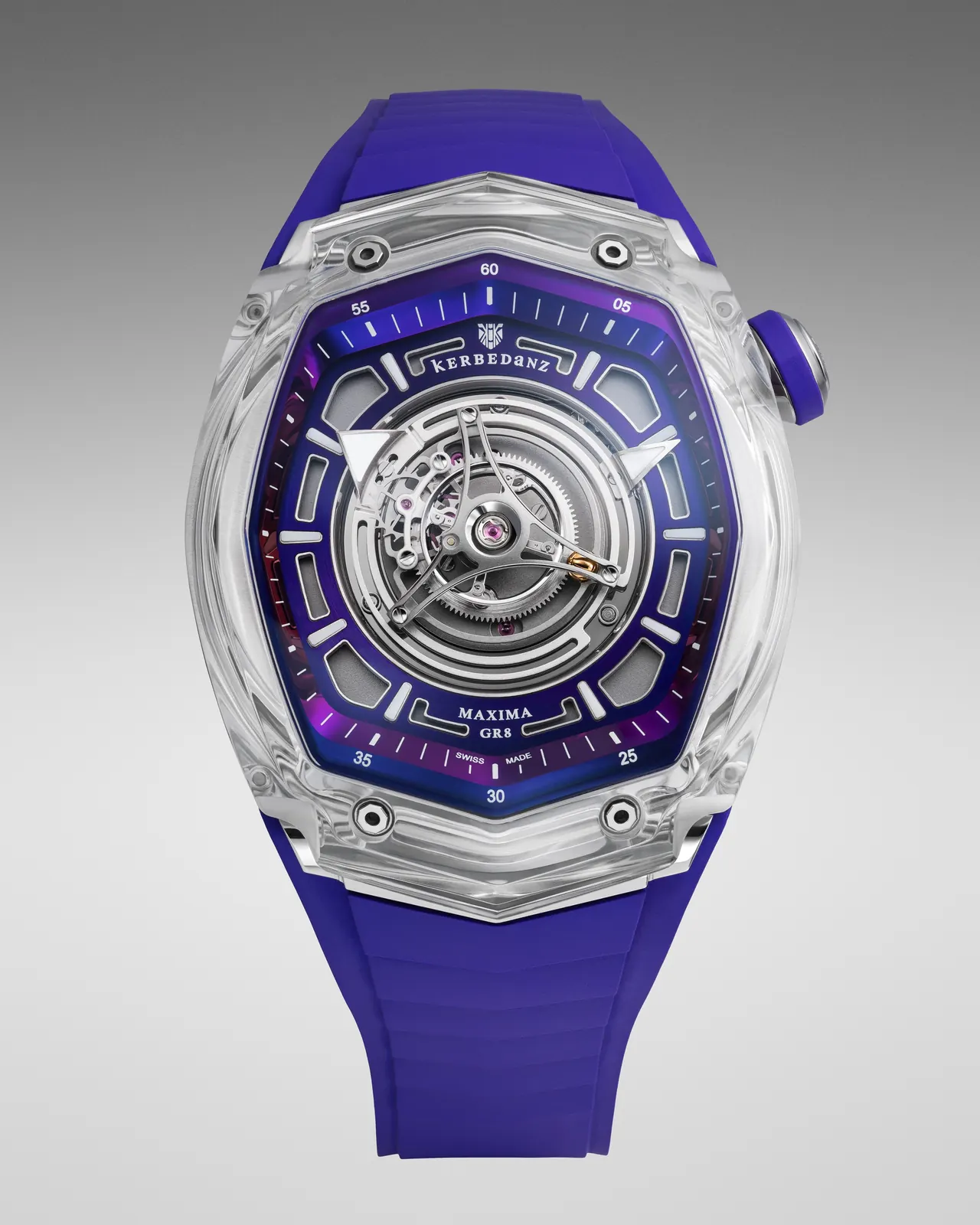 Kerbedanz Maxima GR8 39mm Incolor Sapphire Ultraviolet Dial front view showing central flying tourbillon