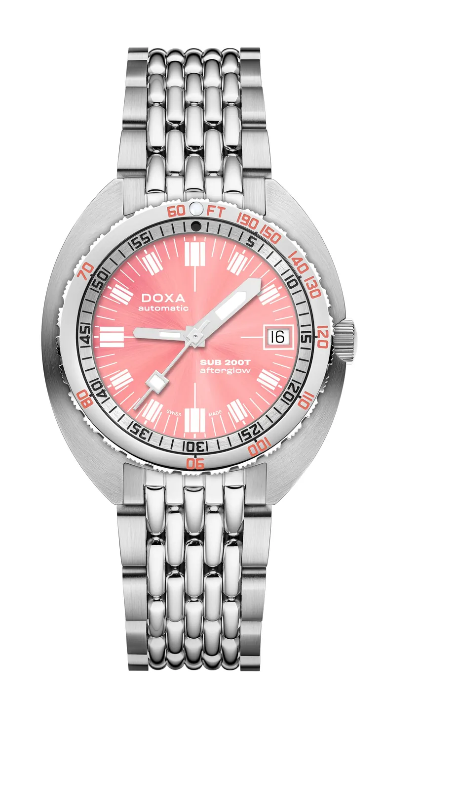 DOXA SUB 200T Afterglow pink sunray dial on stainless steel beads-of-rice bracelet