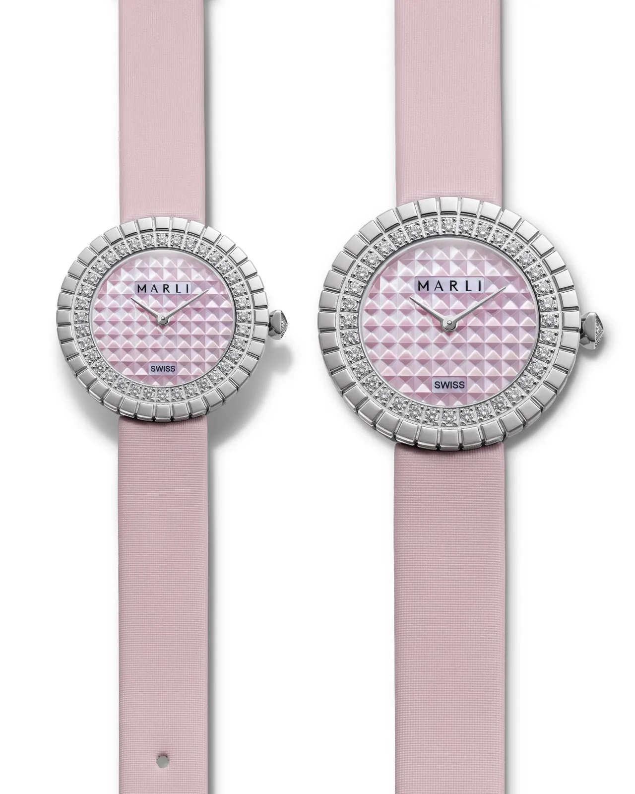 MARLI New York Pink L23 watch with iridescent pink mother-of-pearl pyramid tapisserie dial and matching satin strap