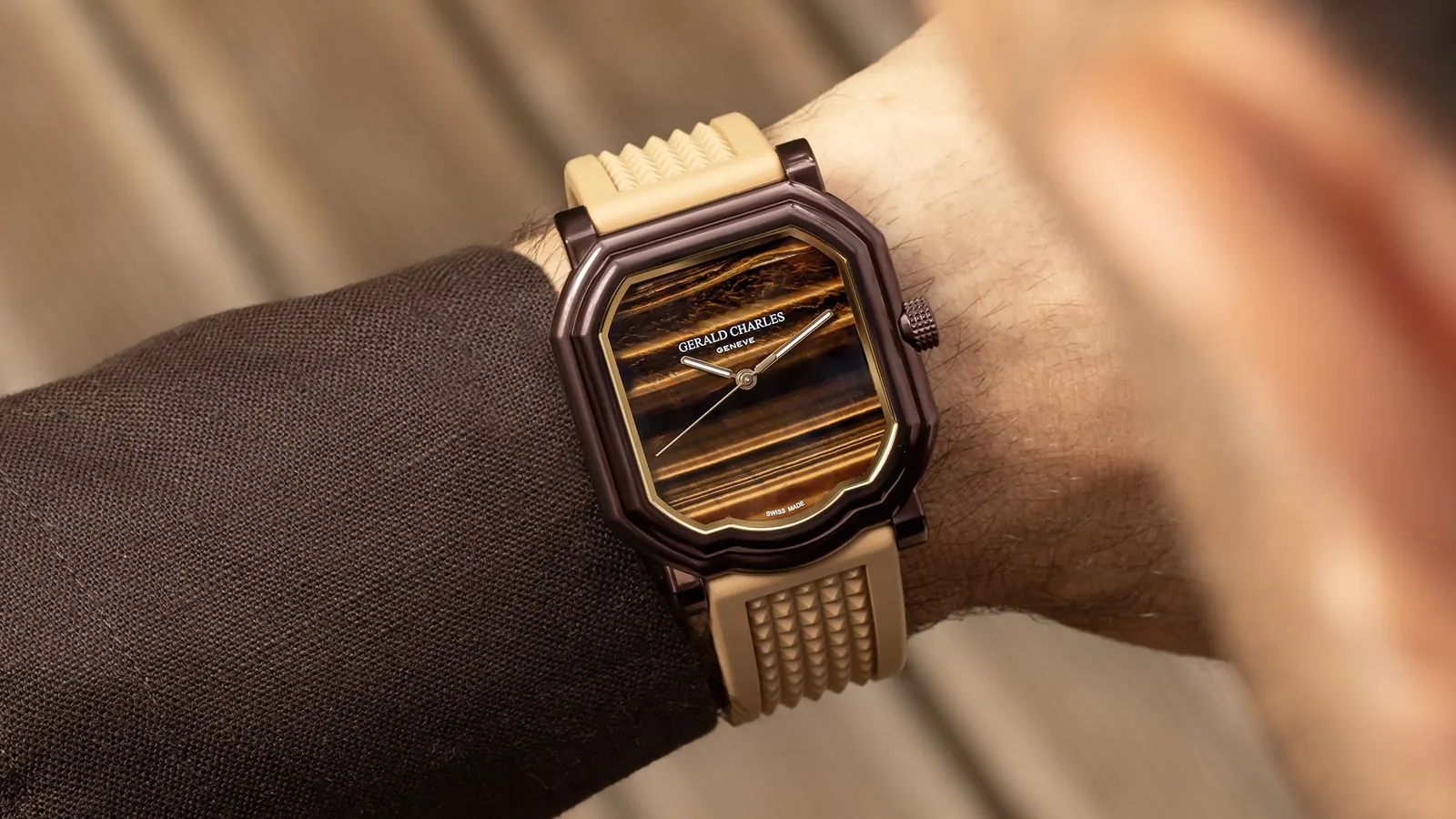 Gerald Charles Maestro 2.0 Ultra-Thin Tiger's Eye prototype dial showing golden chatoyancy