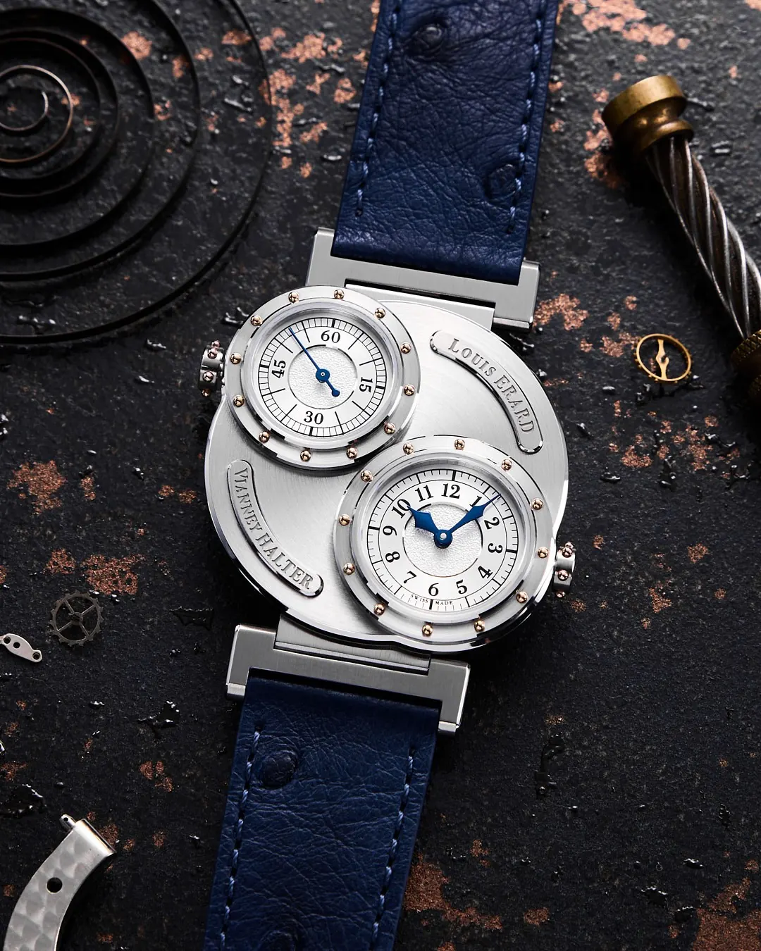 Louis Erard x Vianney Halter Futur Antérieur Gold edition showing dual porthole dials and riveted bezels