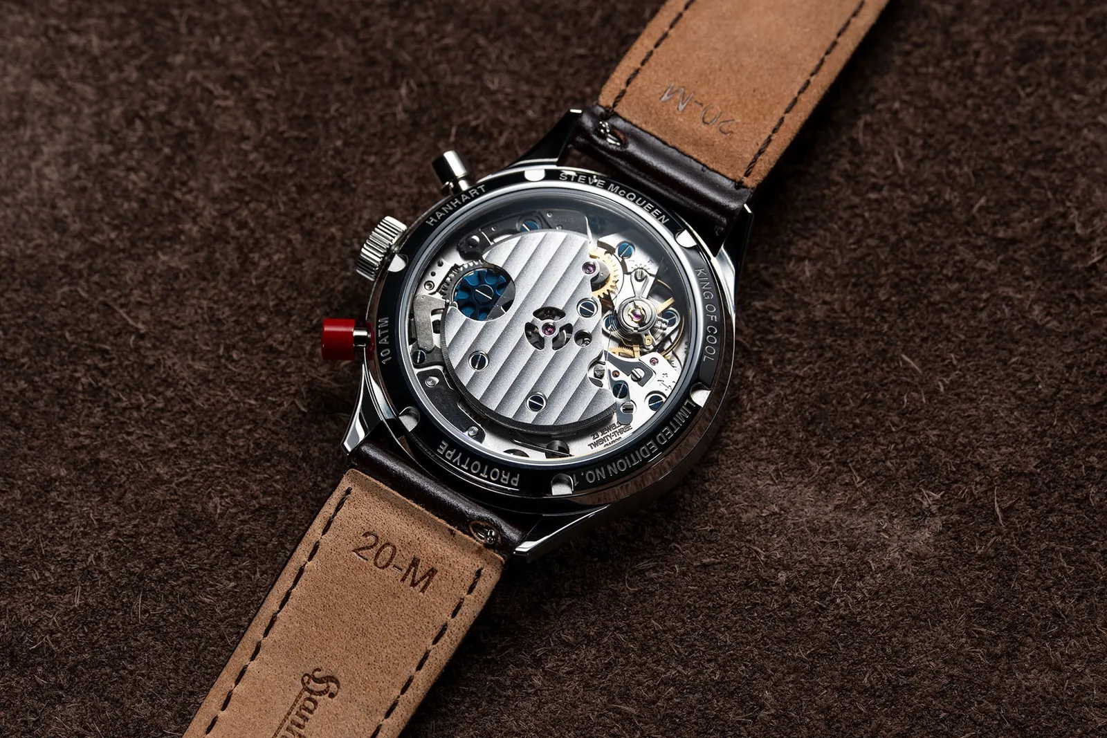 Hanhart 417 ES Steve McQueen Limited Edition No. 1 dial showing McQueen signature and red pusher