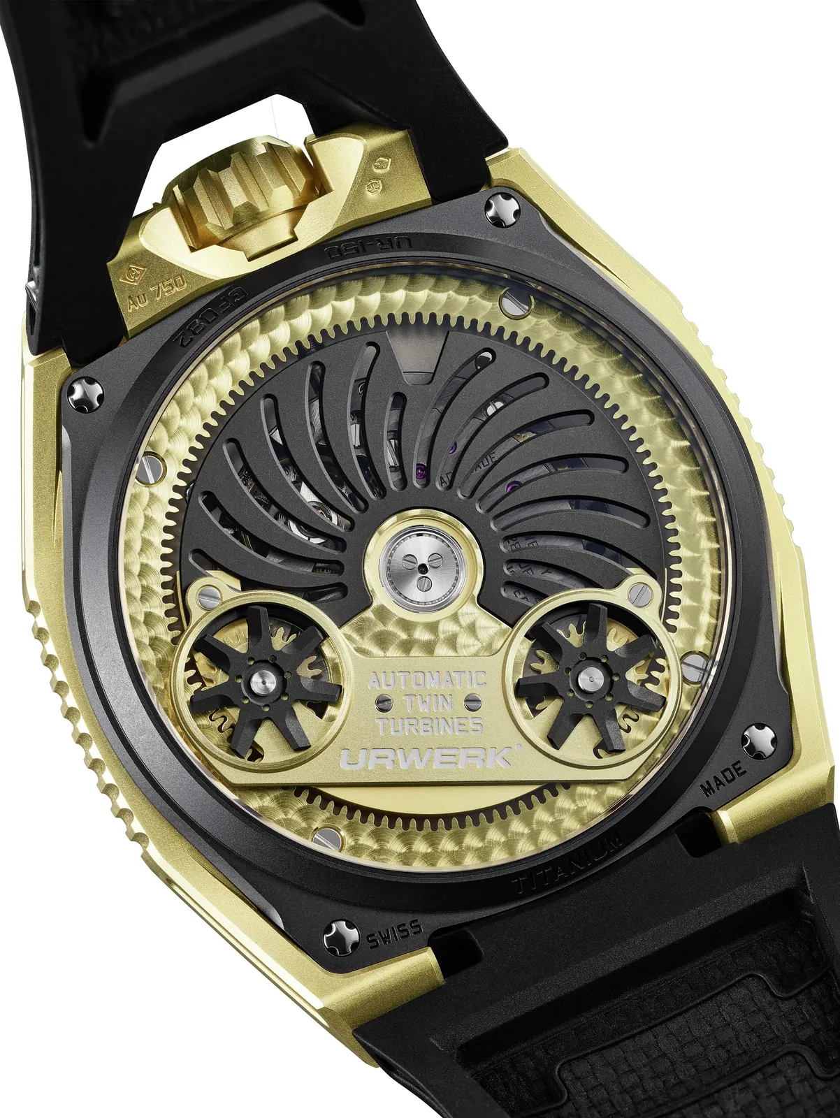 URWERK UR-150 Golden Scorpion retrograde minutes arc and flying carousel detail