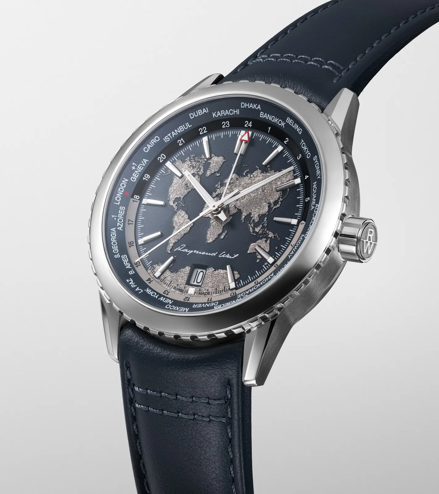 Raymond Weil Freelancer World-Traveller stainless steel case and navy strap