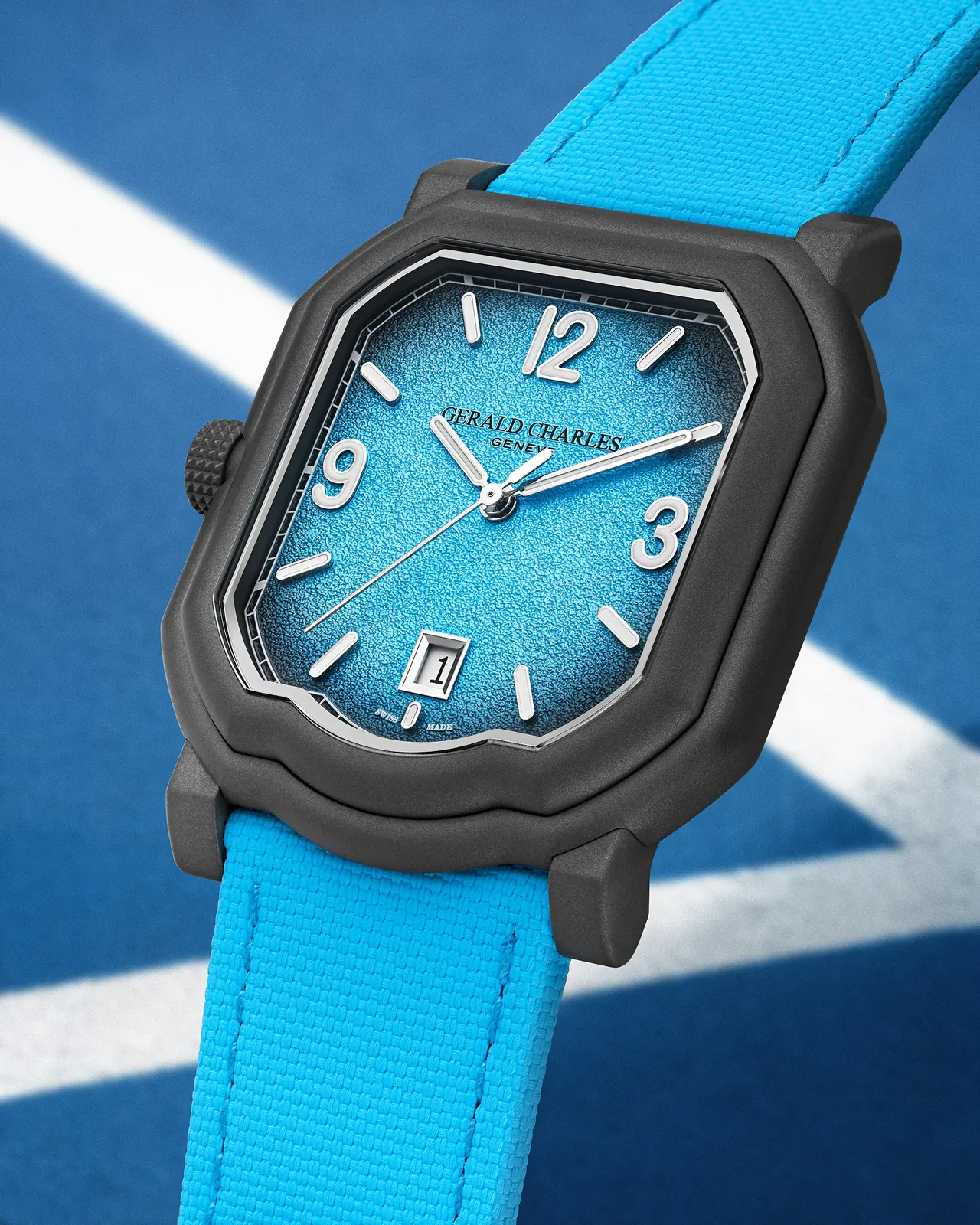 Gerald Charles Maestro GC Sport Tennis Turquoise asymmetric case profile, Gerald Genta design