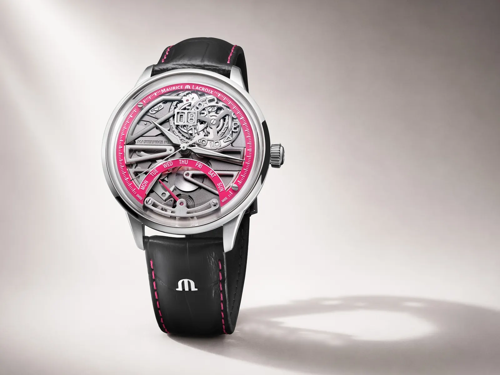 Maurice Lacroix 1975 Master Grand Date Retrograde pink retrograde hand and grand date display close-up