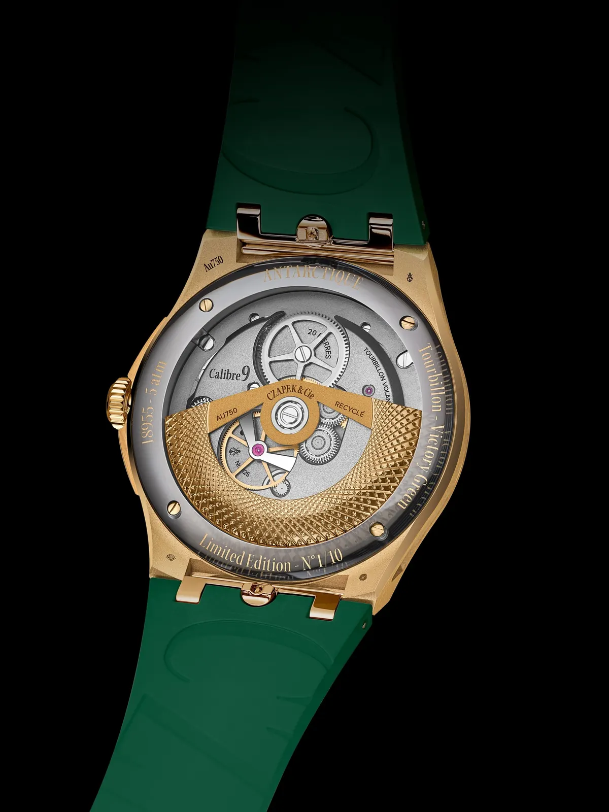 Czapek Antarctique Tourbillon Victory Green 18k yellow gold case and integrated bracelet, side profile