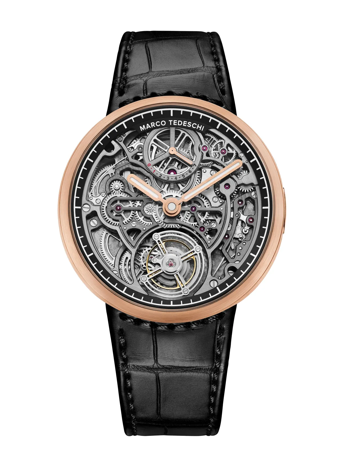 Marco Tedeschi minimalist round case with no lugs, domed sapphire crystal revealing the movement